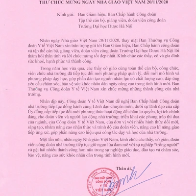 Thư chúc mừng ngày Nhà giáo Việt Nam 20/11 của Công đoàn Y tế Việt Nam!